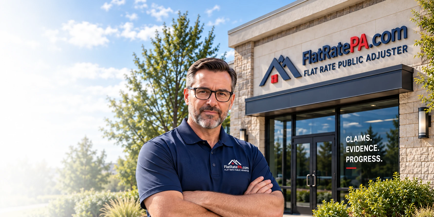 Illustrative brand scene: FlatRatePA spokesman in a navy polo outside a small professional office with dimensional FlatRatePA.com signage.