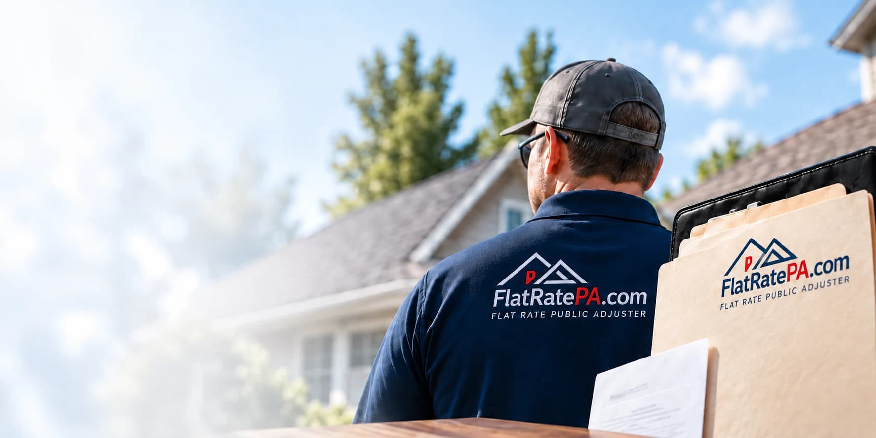 A roofing claim professional beside a residential property with a FlatRatePA claim folder.
