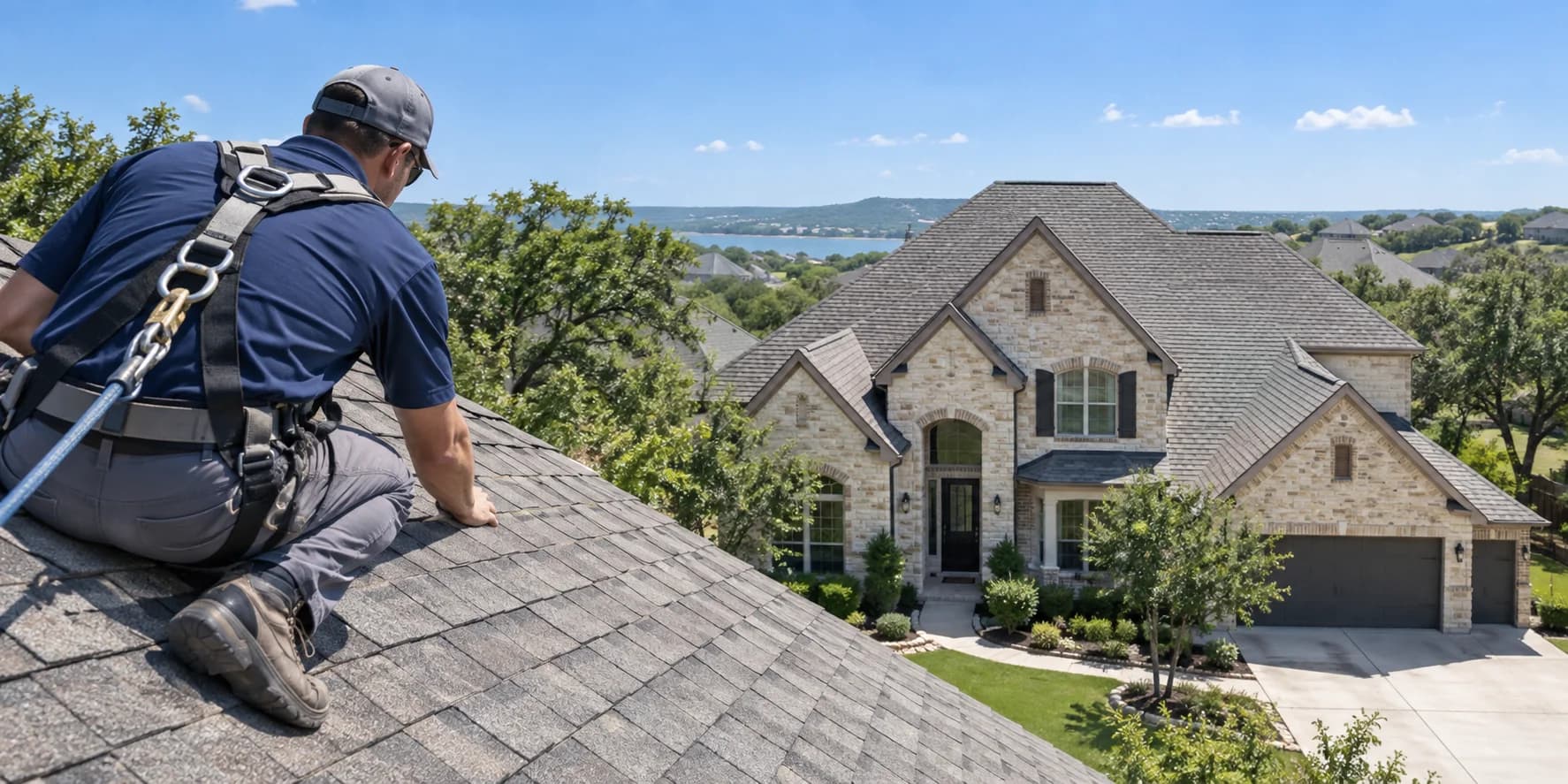 A residential property with a gabled shingle roof.
