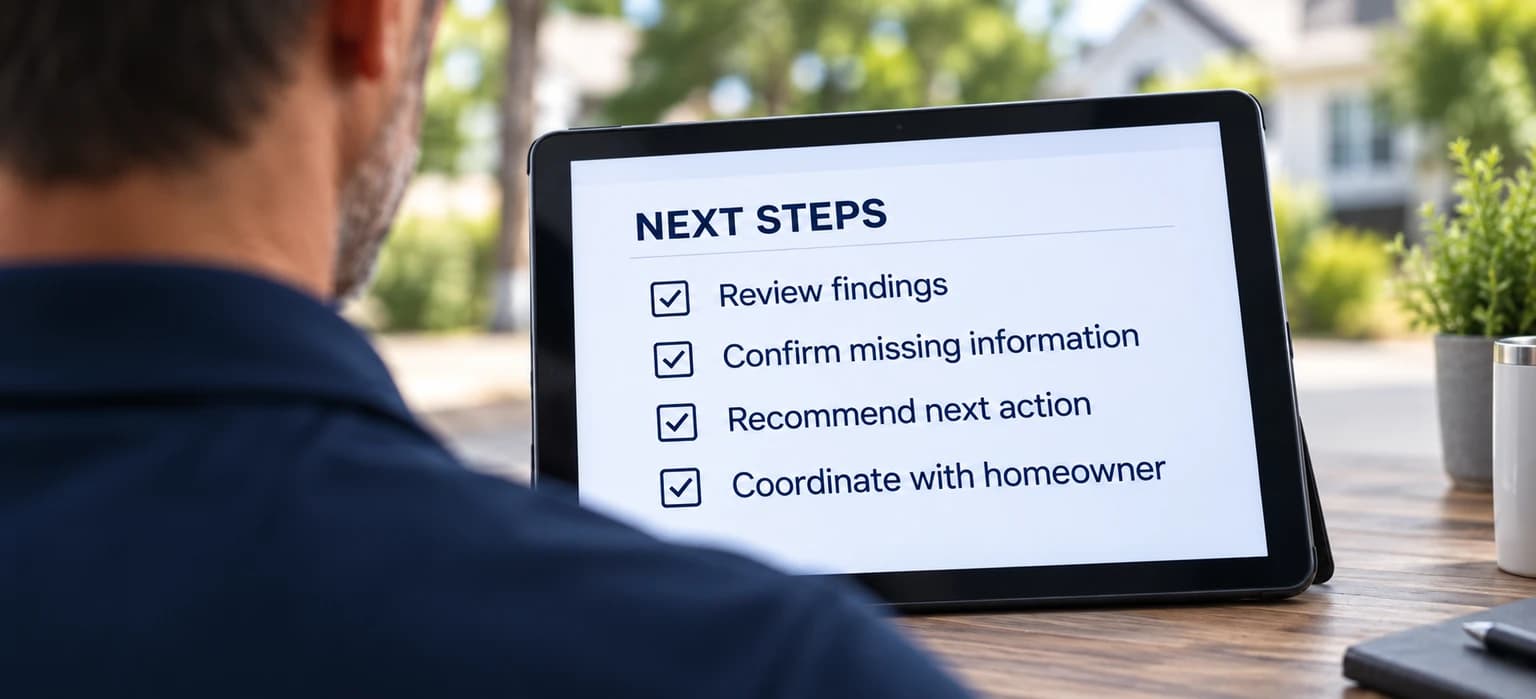 Illustrative photo: a tablet checklist outlines findings, missing information, the next action, and homeowner coordination.