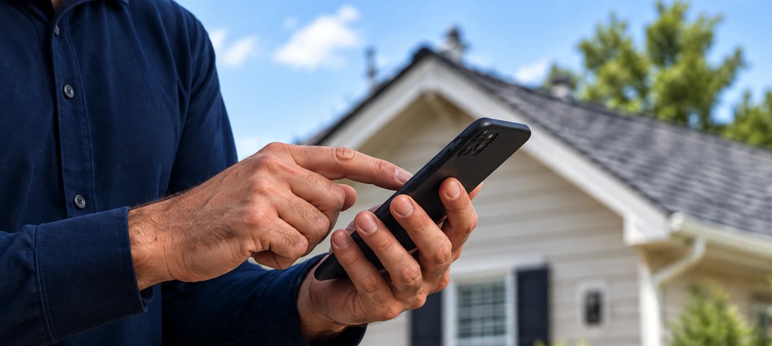 Illustrative photo: hands gather roof-claim documentation using a phone outside a home.