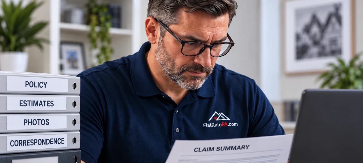 Illustrative photo: a reviewer in a FlatRatePA.com navy polo compares claim documents beside a laptop.