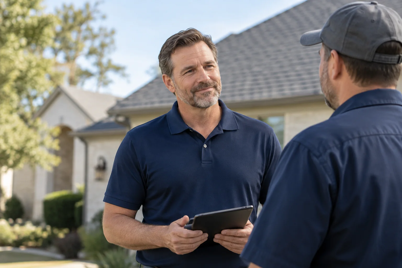 A professional discussing the next steps at a residential property.