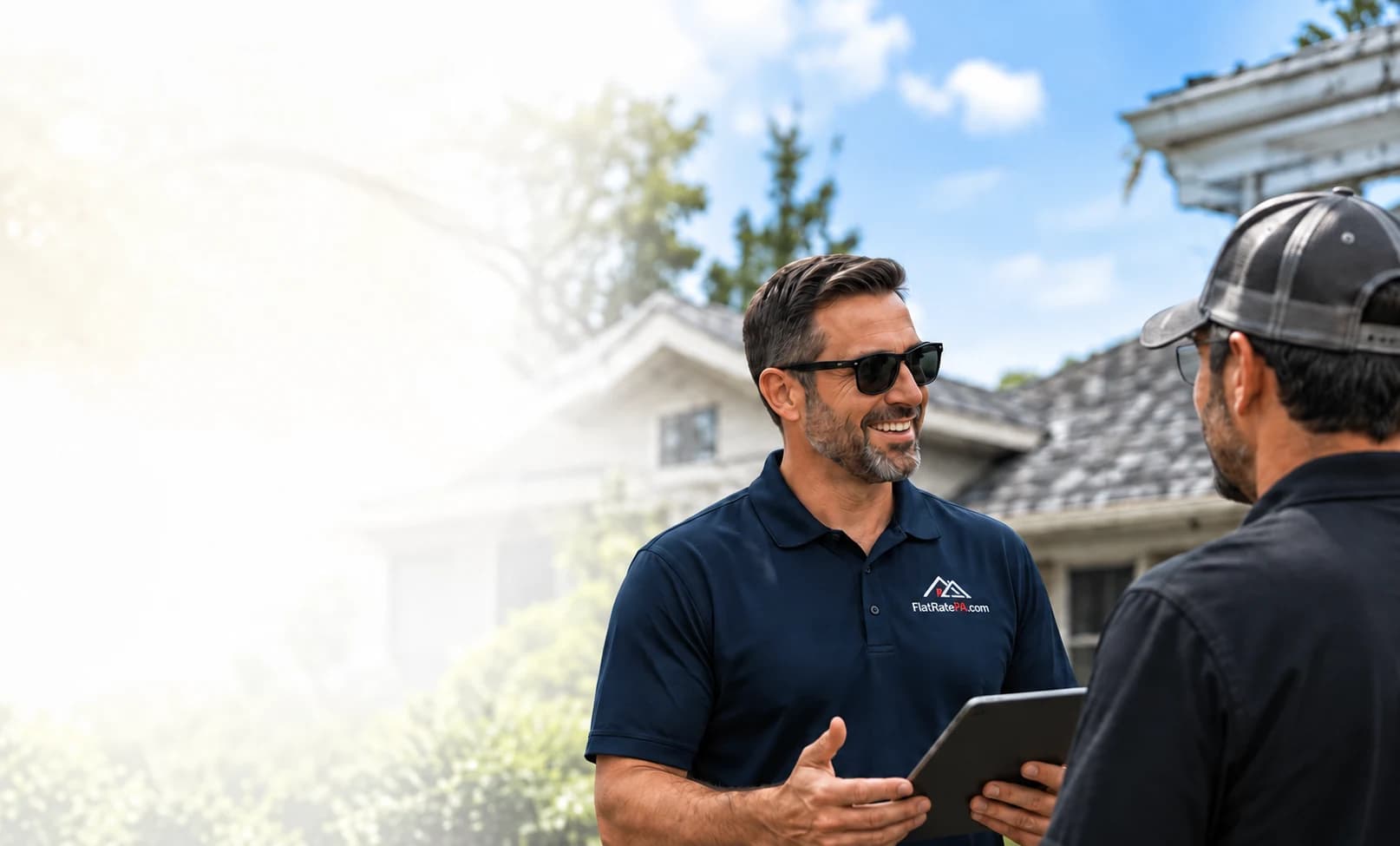 Illustrative consultation: a representative wearing a FlatRatePA.com polo discusses a tablet with a roofing professional beside a home.
