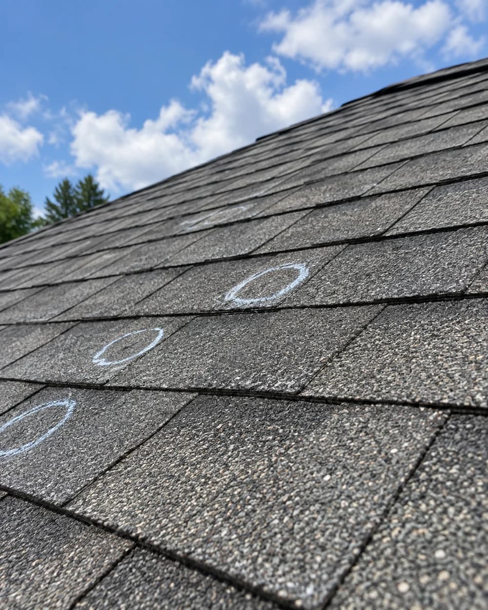 Illustrative roof-inspection photo showing gray asphalt shingles marked with chalk for documentation.